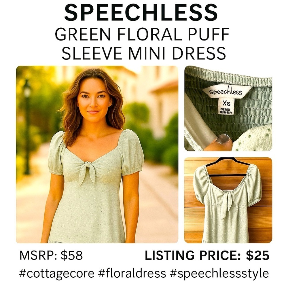 🌿Speechless Green Floral Puff Sleeve Mini Dress - Size XS NEW without tags